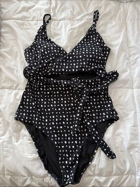 aerie Black Polka Dot One-Piece Swimsuit with Waist Tie NWT!